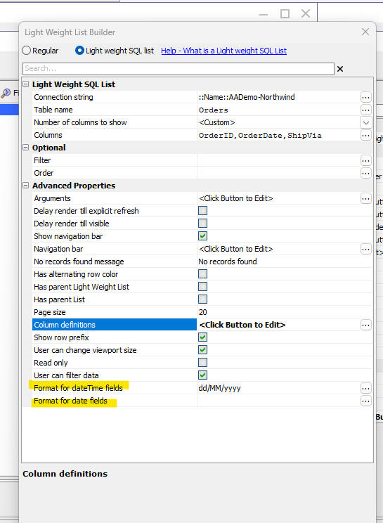 Light Weight List column settings showing display format options for date and datetime fields